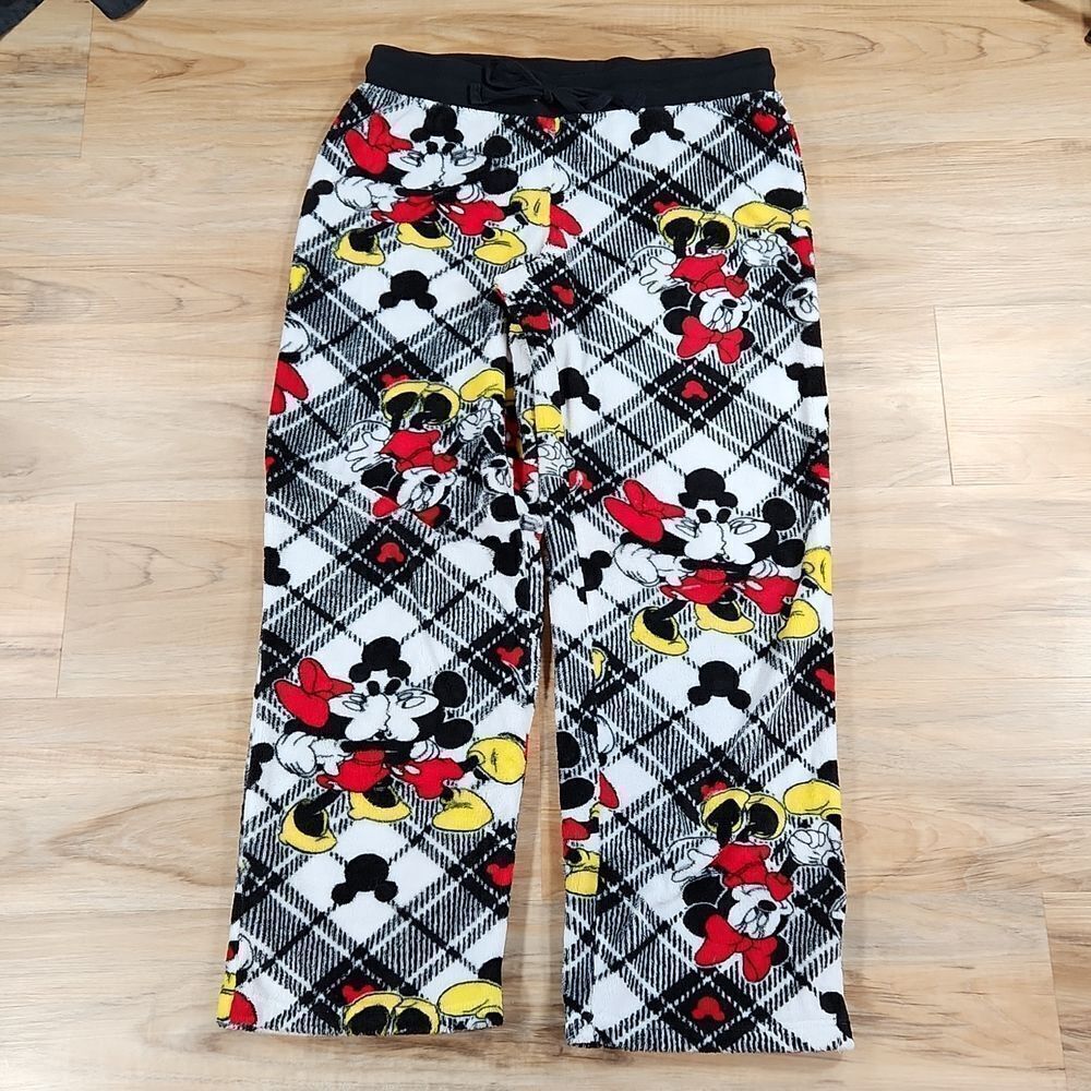 💜Disney Black & White Mickey & Minnie Print Fleece Pajama Pants Medium - Picture 2 of 8